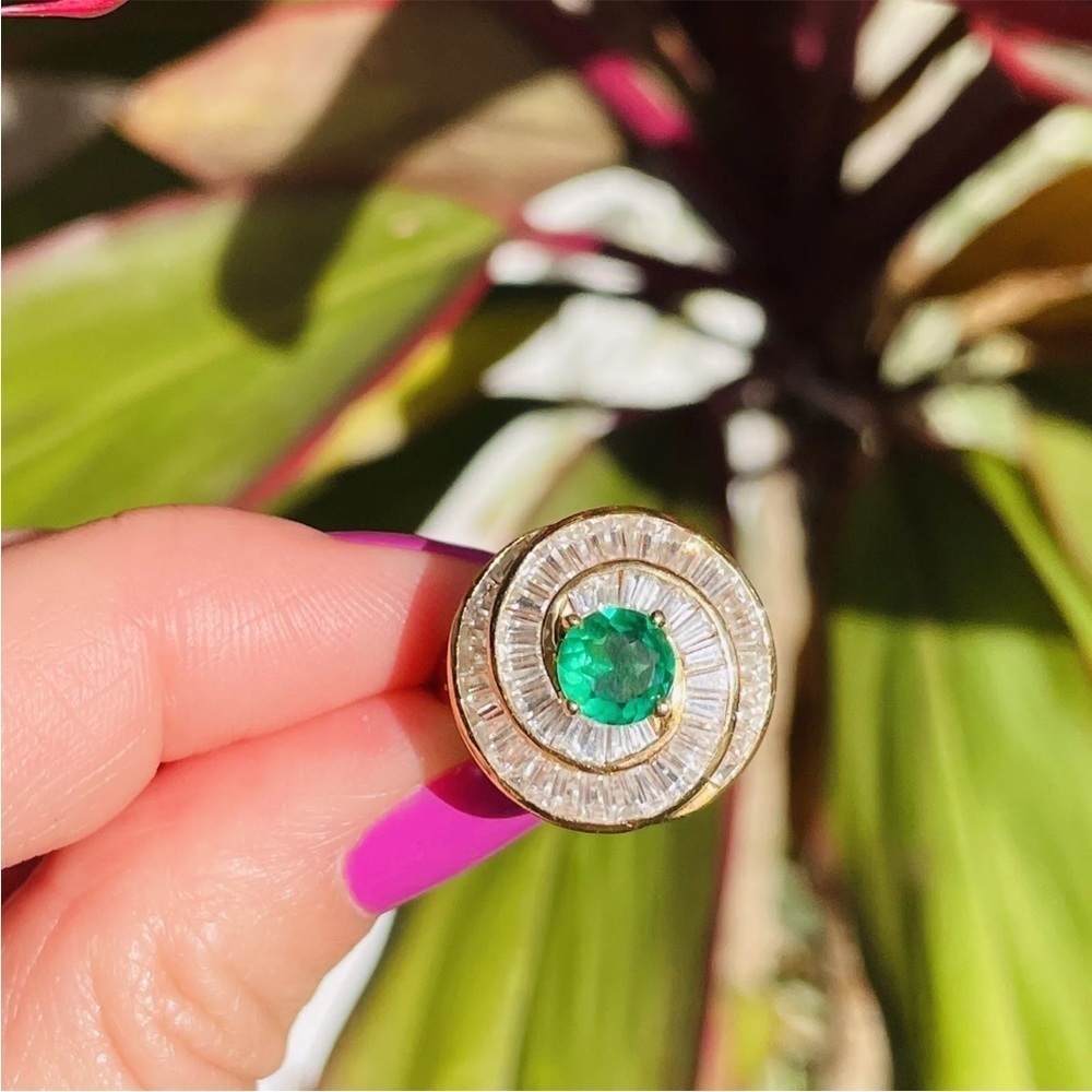 14k Gold Green Garnet Demantoid, CZ Art Deco Round Spiral Filigree Cockt… - Picture 2 of 10